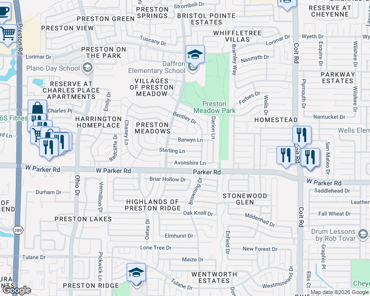 map of restaurants, bars, coffee shops, grocery stores, and more near 4421 Sterling Lane in Plano