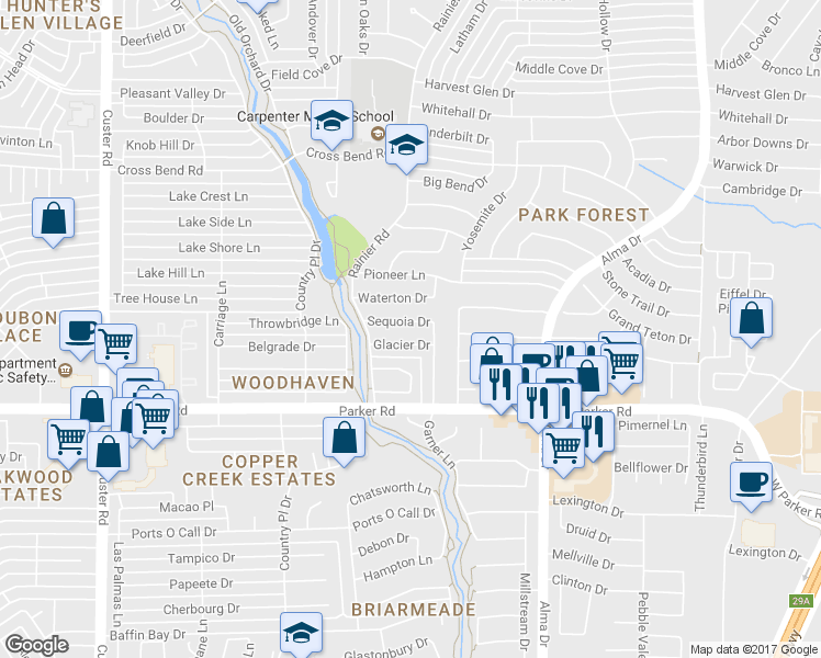 map of restaurants, bars, coffee shops, grocery stores, and more near 1412 Sequoia Drive in Plano
