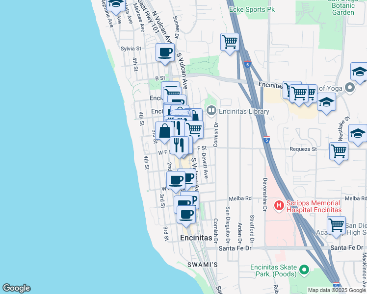 map of restaurants, bars, coffee shops, grocery stores, and more near 700-796 South Vulcan Avenue in Encinitas