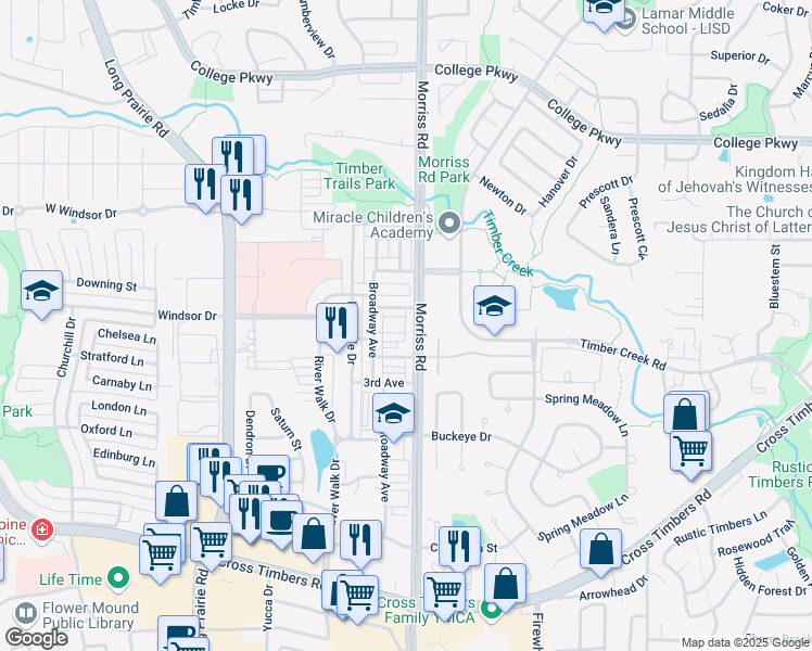 map of restaurants, bars, coffee shops, grocery stores, and more near 4200 South Broadway Avenue in Flower Mound