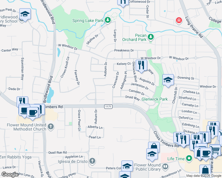 map of restaurants, bars, coffee shops, grocery stores, and more near 4132 Crescent Drive in Flower Mound