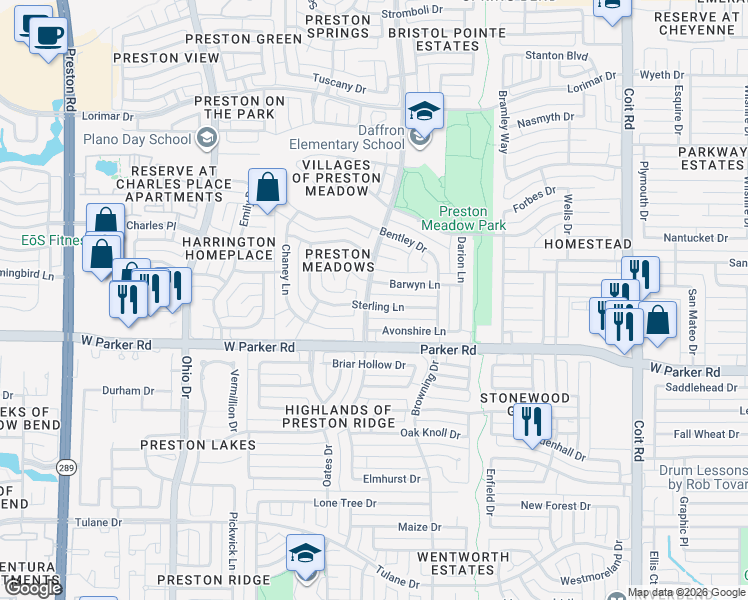 map of restaurants, bars, coffee shops, grocery stores, and more near 4441 Sterling Lane in Plano