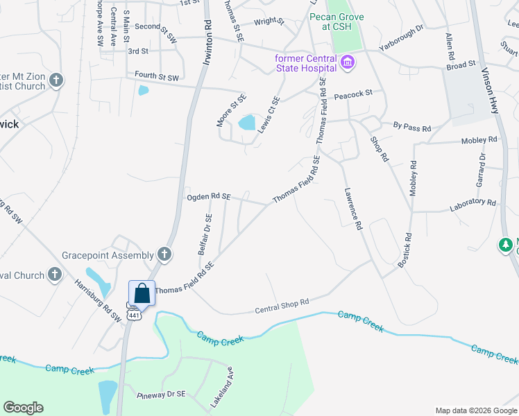 map of restaurants, bars, coffee shops, grocery stores, and more near 143 Ogden Road Southeast in Milledgeville
