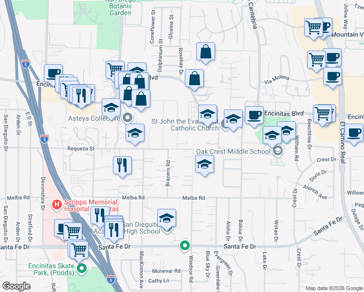 map of restaurants, bars, coffee shops, grocery stores, and more near 659 Camino El Dorado in Encinitas