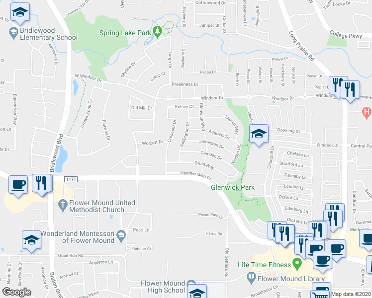 map of restaurants, bars, coffee shops, grocery stores, and more near 3428 Camden Drive in Flower Mound