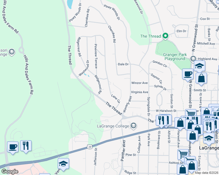 map of restaurants, bars, coffee shops, grocery stores, and more near 315 Lane Circle in LaGrange
