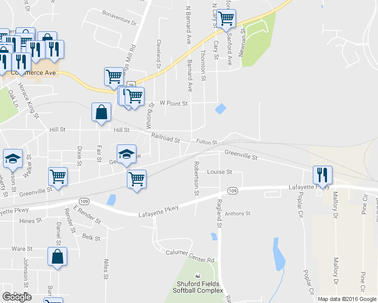map of restaurants, bars, coffee shops, grocery stores, and more near 3 South Barnard Avenue in LaGrange