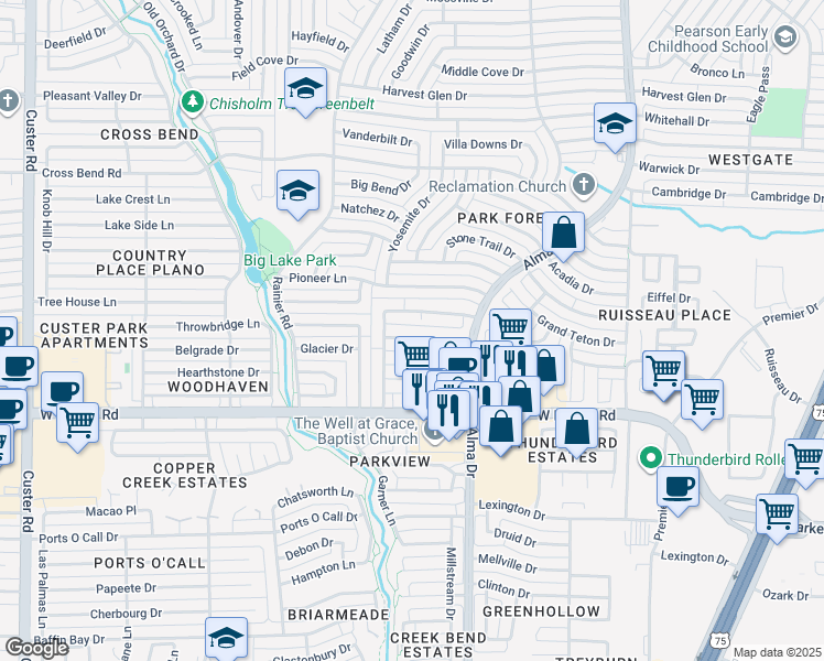 map of restaurants, bars, coffee shops, grocery stores, and more near 1201 Lombardy Drive in Plano