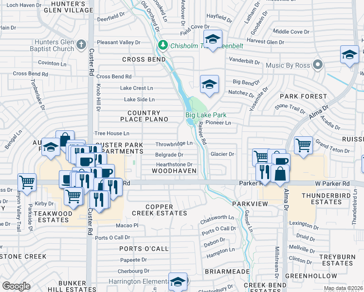 map of restaurants, bars, coffee shops, grocery stores, and more near 1604 Throwbridge Lane in Plano