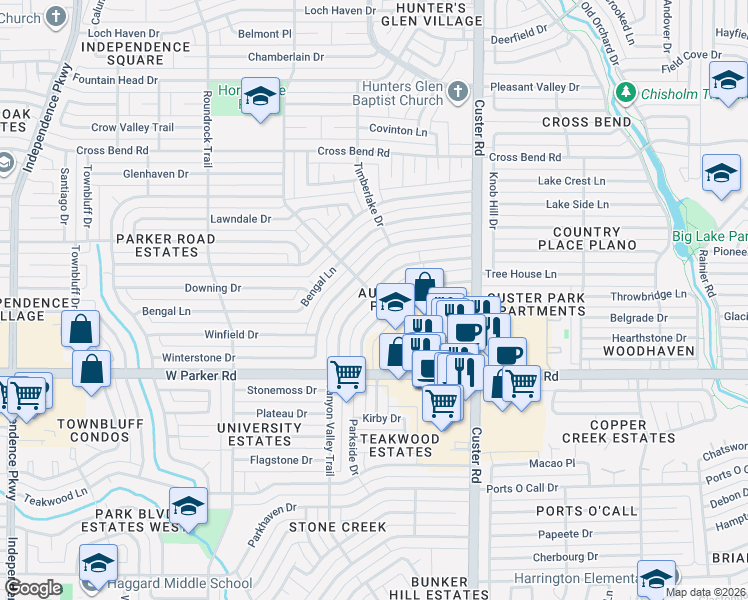 map of restaurants, bars, coffee shops, grocery stores, and more near 3344 Canyon Valley Trail in Plano