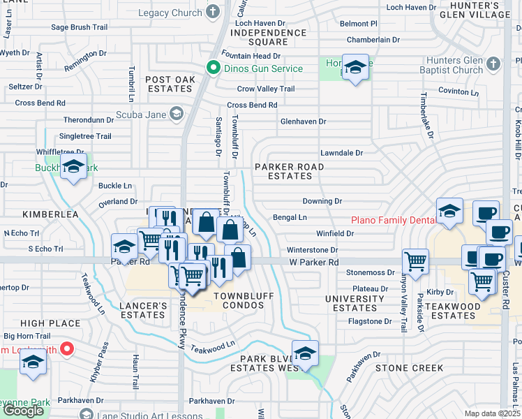 map of restaurants, bars, coffee shops, grocery stores, and more near 3500 Deep Valley Trail in Plano