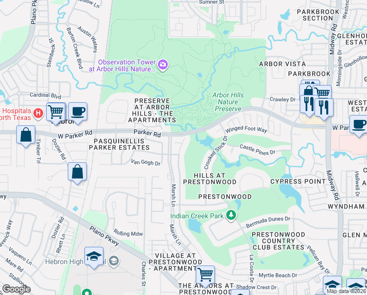 map of restaurants, bars, coffee shops, grocery stores, and more near 3204 Prestonwood Drive in Plano