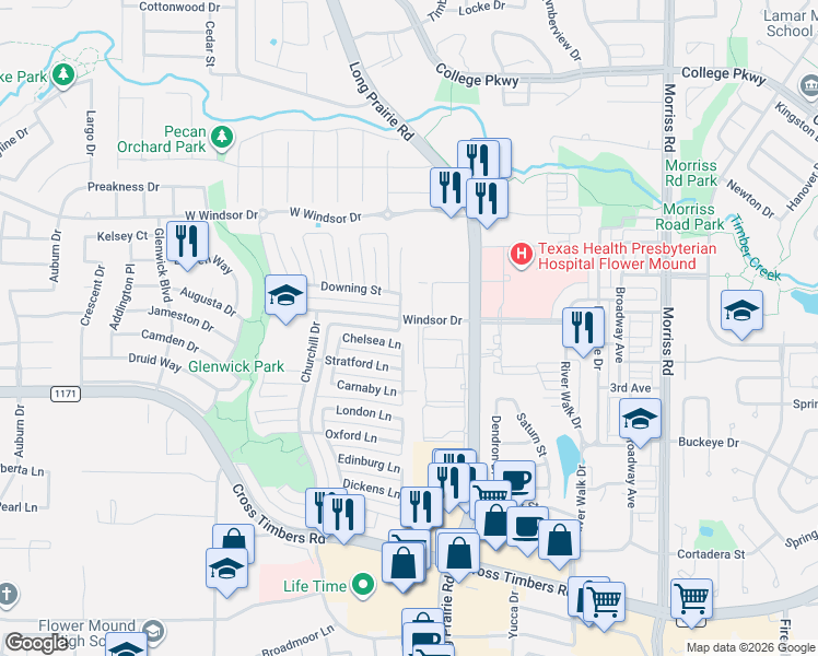 map of restaurants, bars, coffee shops, grocery stores, and more near 2800 Chelsea Lane in Flower Mound