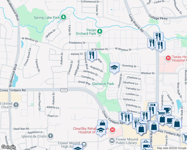 map of restaurants, bars, coffee shops, grocery stores, and more near 3305 Jameston Drive in Flower Mound