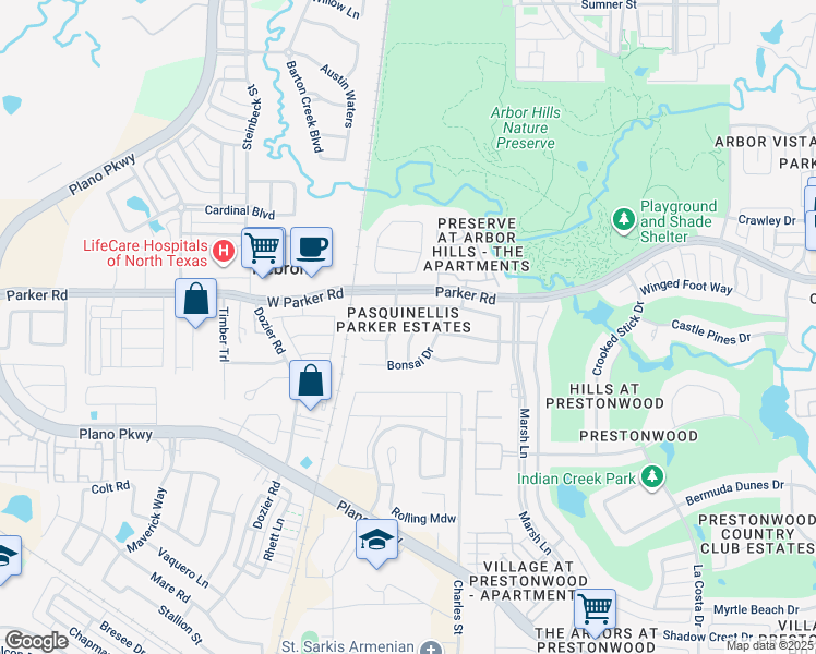 map of restaurants, bars, coffee shops, grocery stores, and more near 3216 Twist Trail in Plano