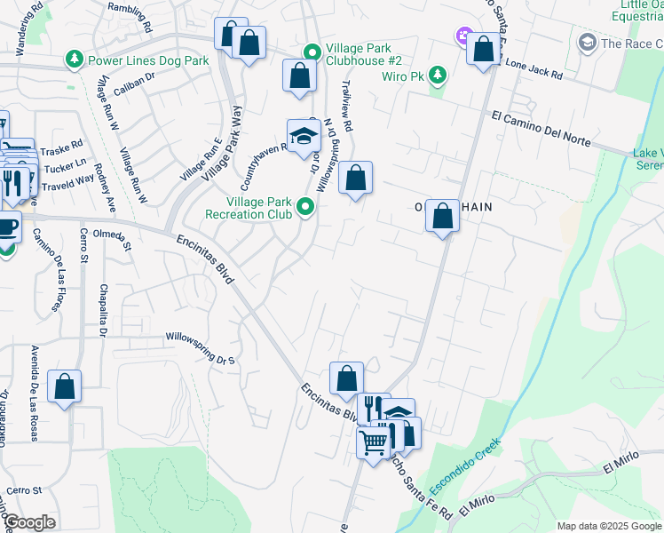 map of restaurants, bars, coffee shops, grocery stores, and more near 201 Meadow Vista Way in Encinitas