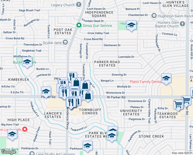 map of restaurants, bars, coffee shops, grocery stores, and more near 3500 Deep Valley Trail in Plano