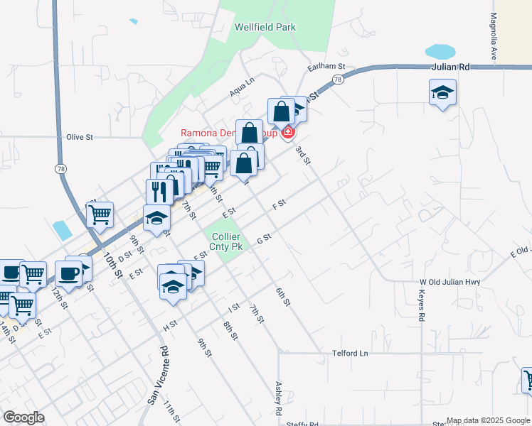 map of restaurants, bars, coffee shops, grocery stores, and more near 5th Street in Ramona