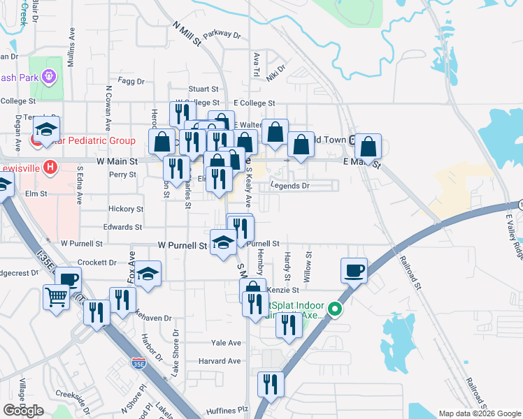 map of restaurants, bars, coffee shops, grocery stores, and more near 251 Thomas Street in Lewisville