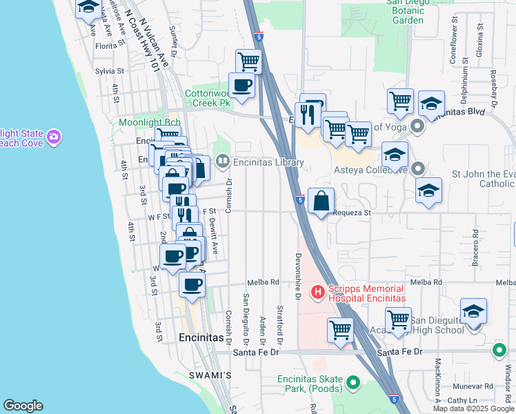 map of restaurants, bars, coffee shops, grocery stores, and more near 684 Arden Drive in Encinitas