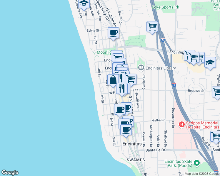 map of restaurants, bars, coffee shops, grocery stores, and more near 631 3rd Street in Encinitas