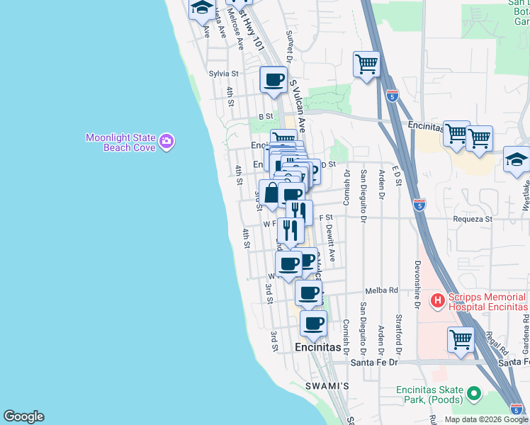 map of restaurants, bars, coffee shops, grocery stores, and more near 657 3rd Street in Encinitas