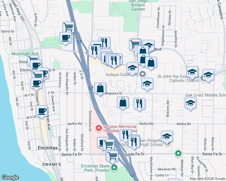 map of restaurants, bars, coffee shops, grocery stores, and more near 454 Requeza Street in Encinitas