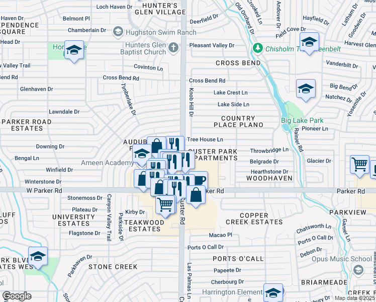map of restaurants, bars, coffee shops, grocery stores, and more near 34 Custer Road in Plano