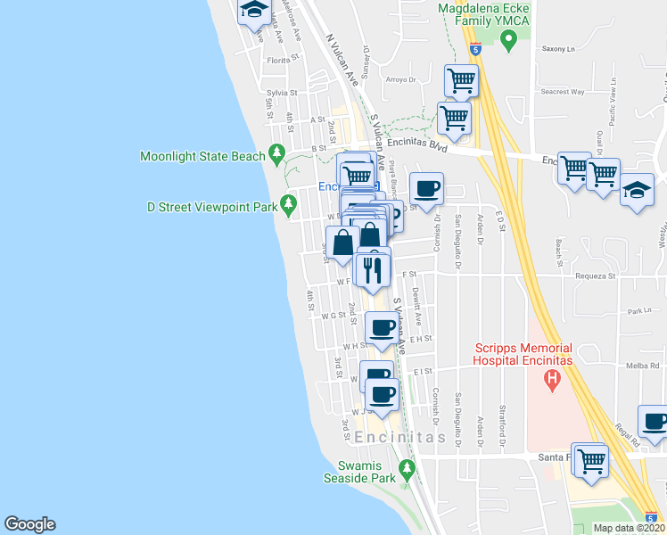 map of restaurants, bars, coffee shops, grocery stores, and more near 631 3rd Street in Encinitas