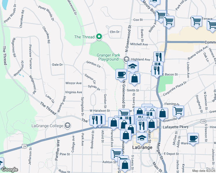 map of restaurants, bars, coffee shops, grocery stores, and more near 401 Gordon Street in LaGrange