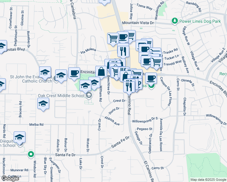 map of restaurants, bars, coffee shops, grocery stores, and more near 1310 Walnutview Drive in Encinitas