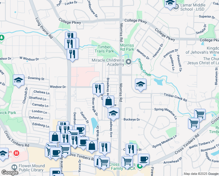 map of restaurants, bars, coffee shops, grocery stores, and more near 3 Broadway Avenue in Flower Mound