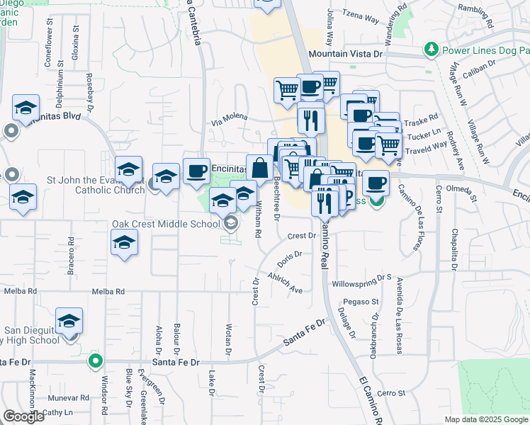 map of restaurants, bars, coffee shops, grocery stores, and more near 147 Witham Road in Encinitas