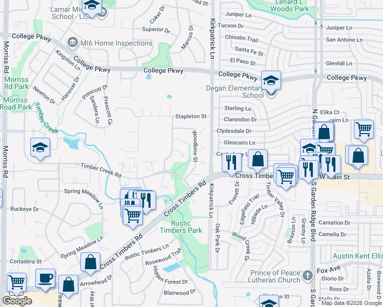 map of restaurants, bars, coffee shops, grocery stores, and more near 4301 Woodbine Street in Flower Mound