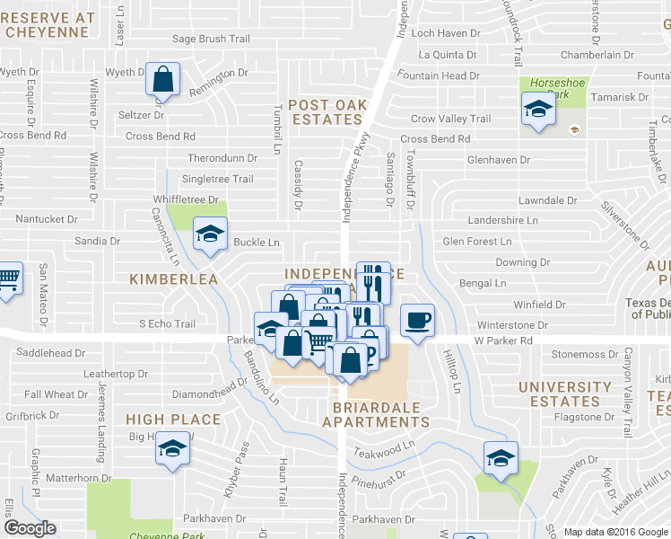 map of restaurants, bars, coffee shops, grocery stores, and more near 3634 Hilltop Lane in Plano