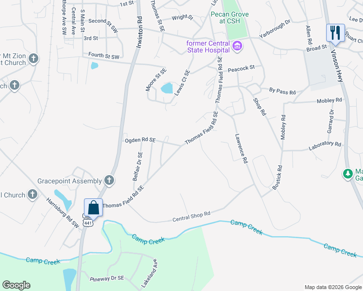 map of restaurants, bars, coffee shops, grocery stores, and more near 143 Ogden Road Southeast in Milledgeville