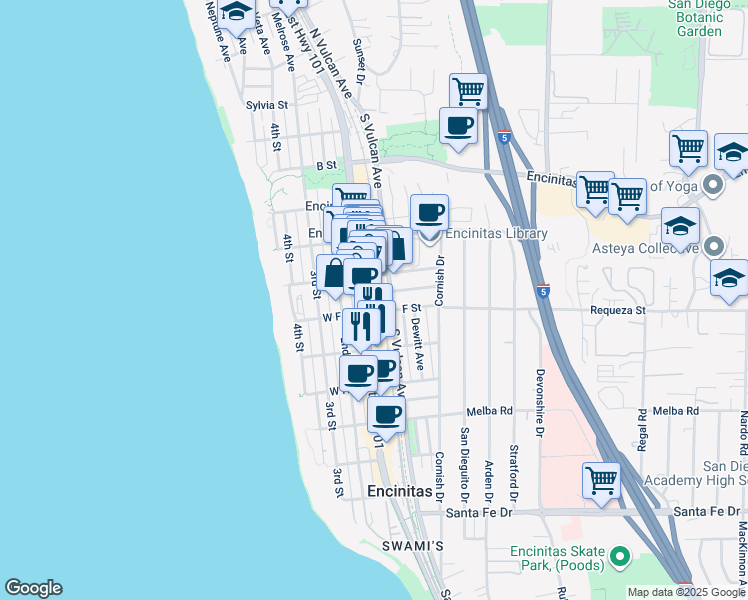 map of restaurants, bars, coffee shops, grocery stores, and more near 687 South Coast Highway 101 in Encinitas