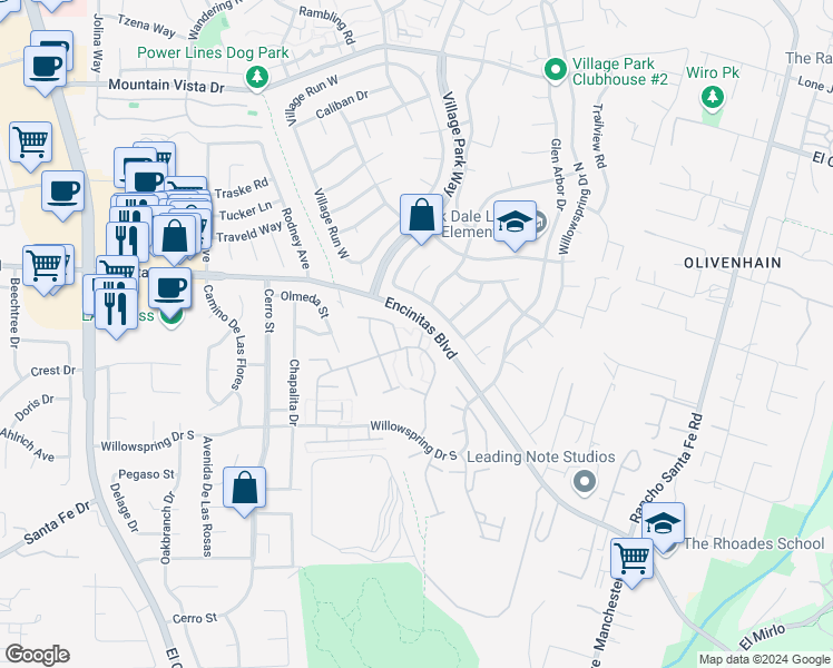map of restaurants, bars, coffee shops, grocery stores, and more near 1741 Charleston Lane in Encinitas