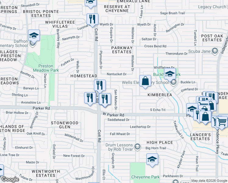 map of restaurants, bars, coffee shops, grocery stores, and more near 3409 San Mateo Drive in Plano