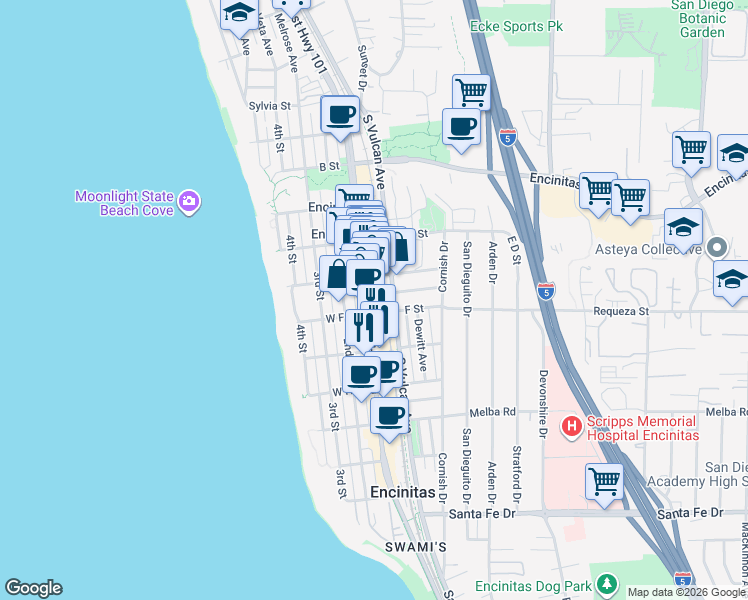 map of restaurants, bars, coffee shops, grocery stores, and more near 700-796 South Vulcan Avenue in Encinitas