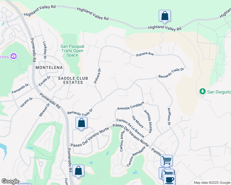 map of restaurants, bars, coffee shops, grocery stores, and more near 18635 Bernardo Trails Drive in San Diego
