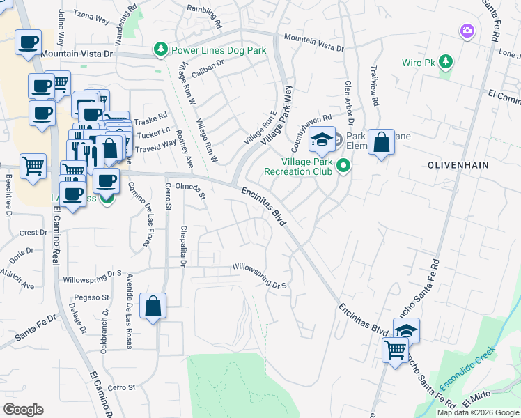 map of restaurants, bars, coffee shops, grocery stores, and more near 1741 Charleston Lane in Encinitas
