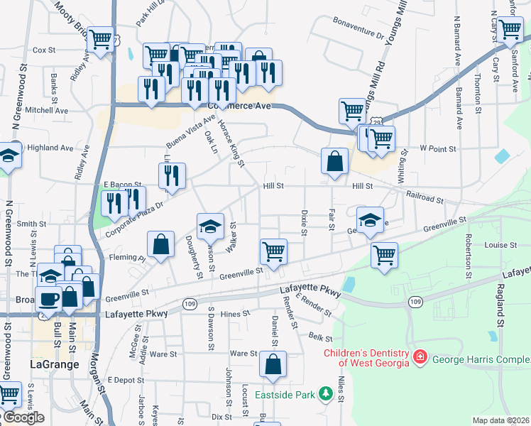 map of restaurants, bars, coffee shops, grocery stores, and more near 209 Horace King Street in LaGrange