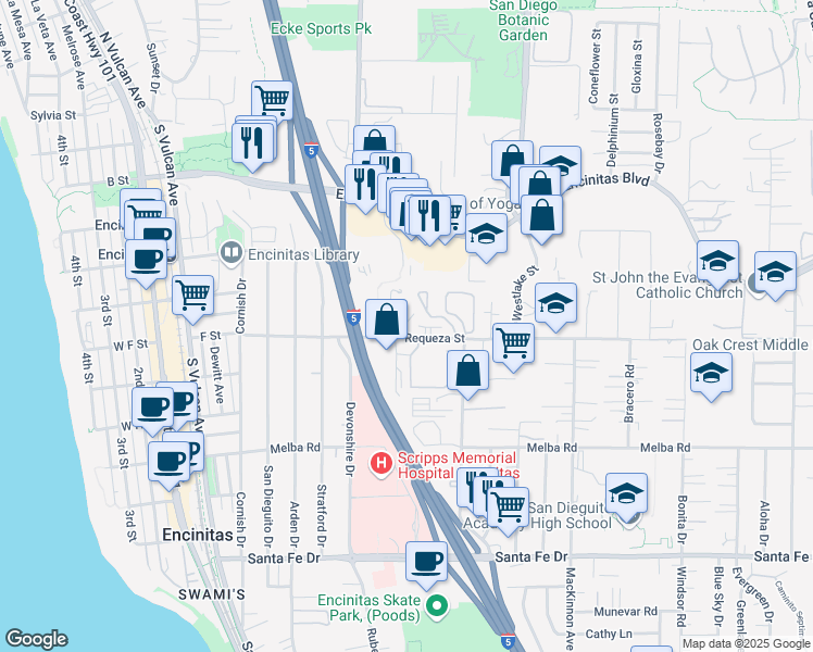 map of restaurants, bars, coffee shops, grocery stores, and more near Quentin Court in Encinitas