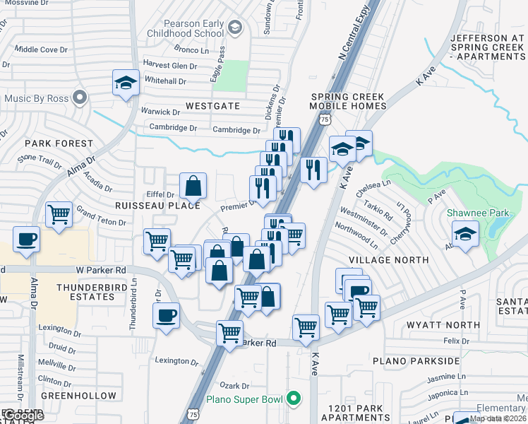 map of restaurants, bars, coffee shops, grocery stores, and more near 3421 North Central Expressway in Plano