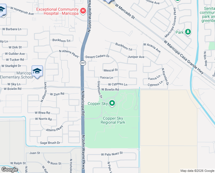 map of restaurants, bars, coffee shops, grocery stores, and more near 44333 Cypress Lane in Maricopa