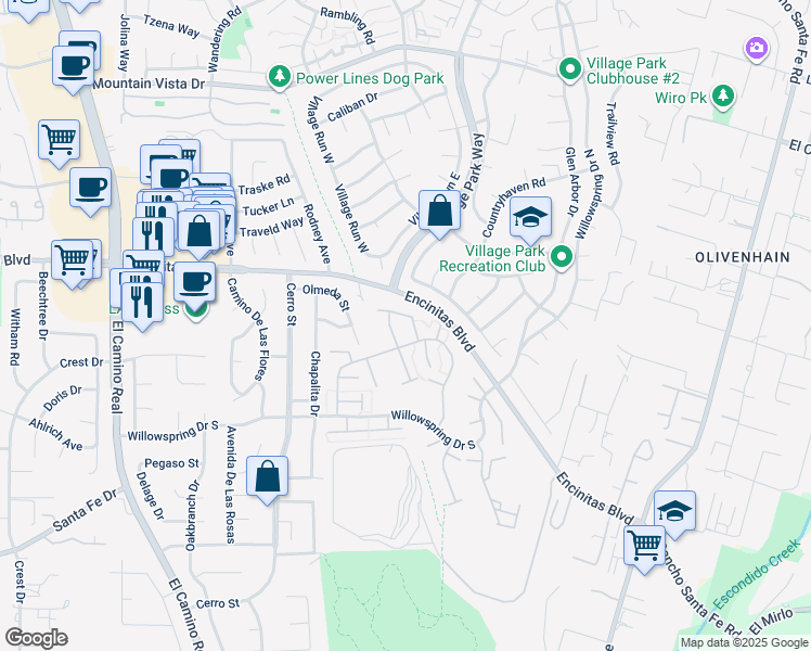 map of restaurants, bars, coffee shops, grocery stores, and more near 1752 Belle Meade Road in Encinitas