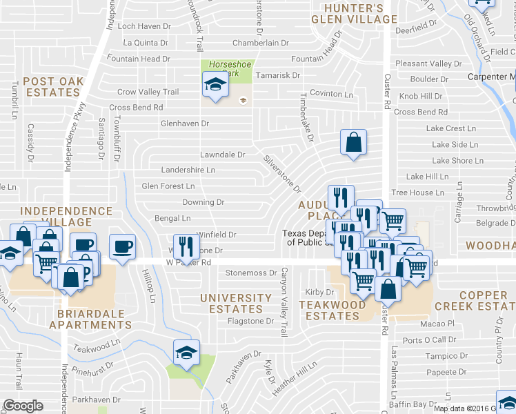 map of restaurants, bars, coffee shops, grocery stores, and more near 2501 Bengal Lane in Plano