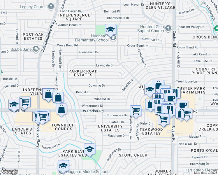 map of restaurants, bars, coffee shops, grocery stores, and more near 2601 Bengal Lane in Plano