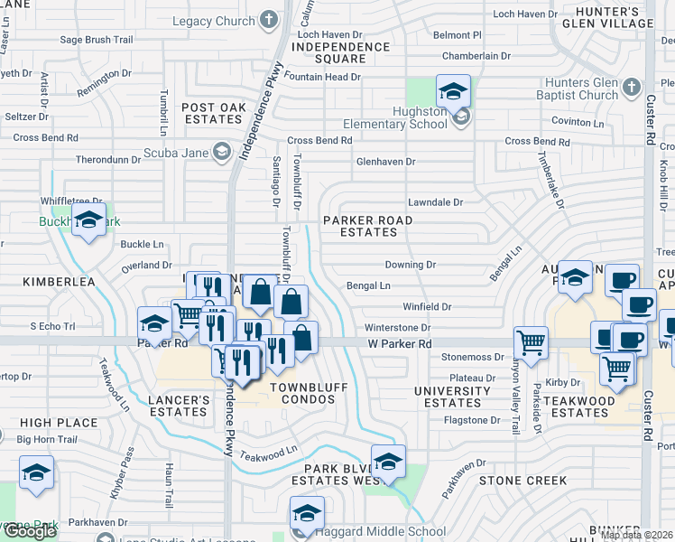 map of restaurants, bars, coffee shops, grocery stores, and more near 3500 Deep Valley Trail in Plano